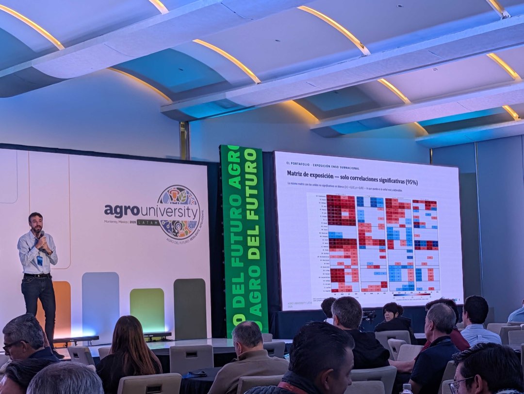 Carlos Hoyos presenting a subnational ENSO exposure matrix to a seated audience at Agro University LATAM in Monterrey, Mexico.